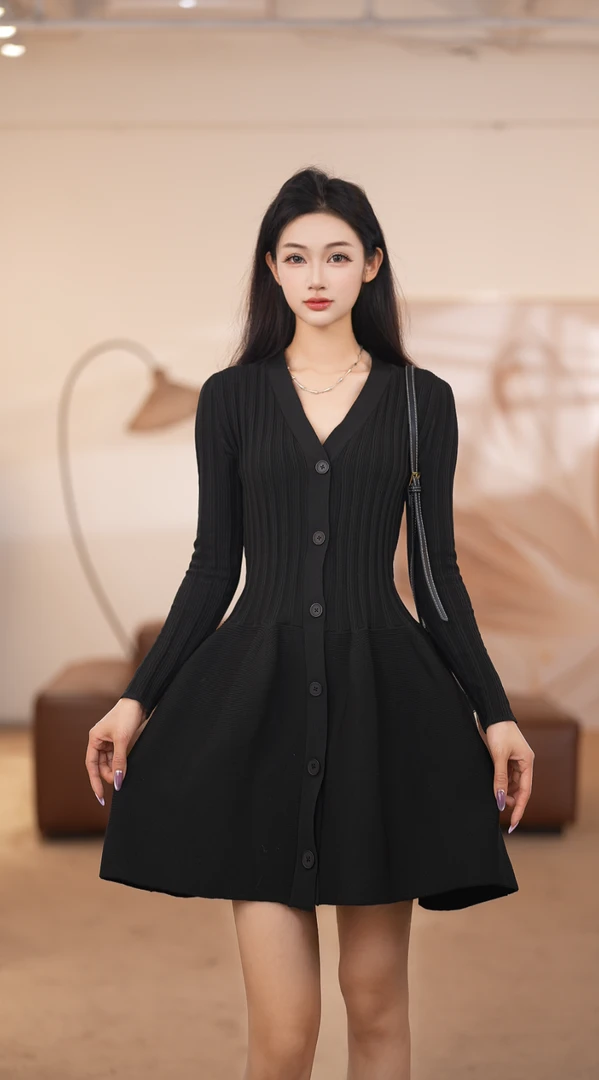 【羊羊】针织V领连衣裙气质芭蕾风A字裙新款短裙