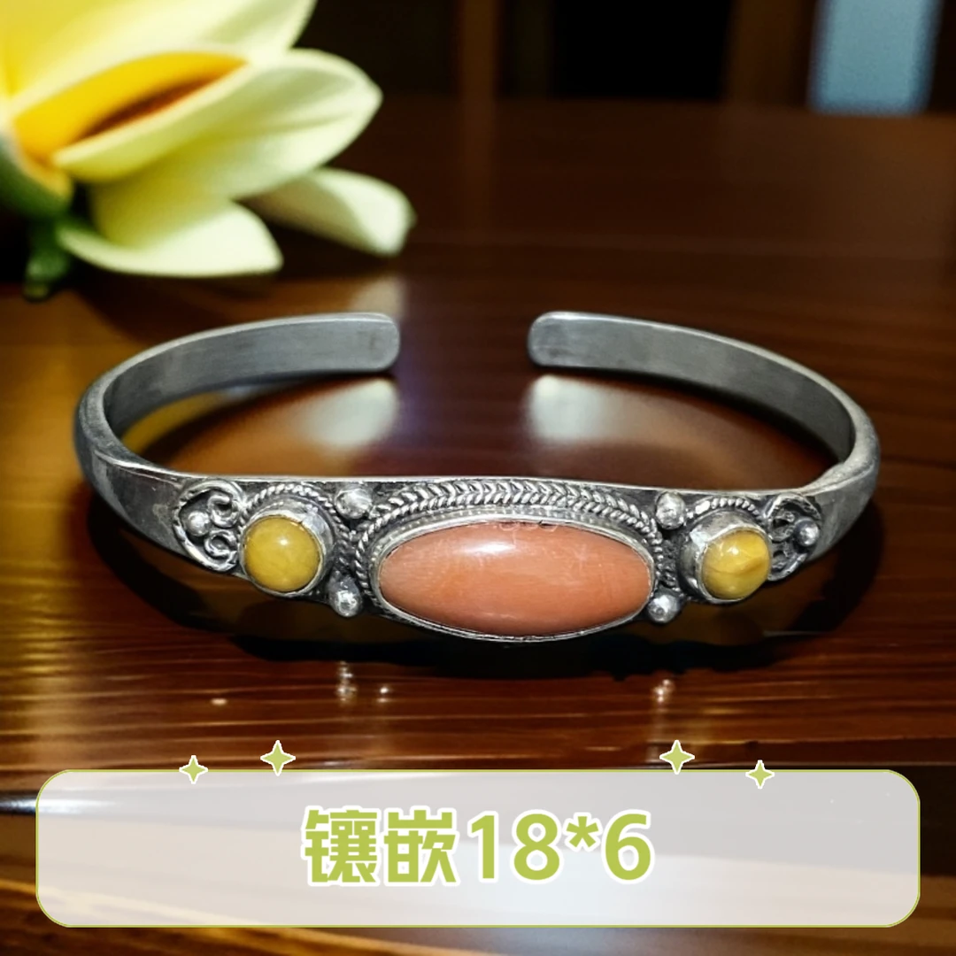 足银手镯 民族风18*6镶嵌手工手镯 SZ00149