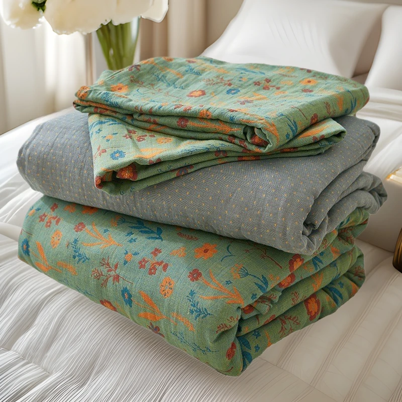 A类全棉双层纱布四件套全棉纱亲肤裸睡床单被套ins北欧风提花四季