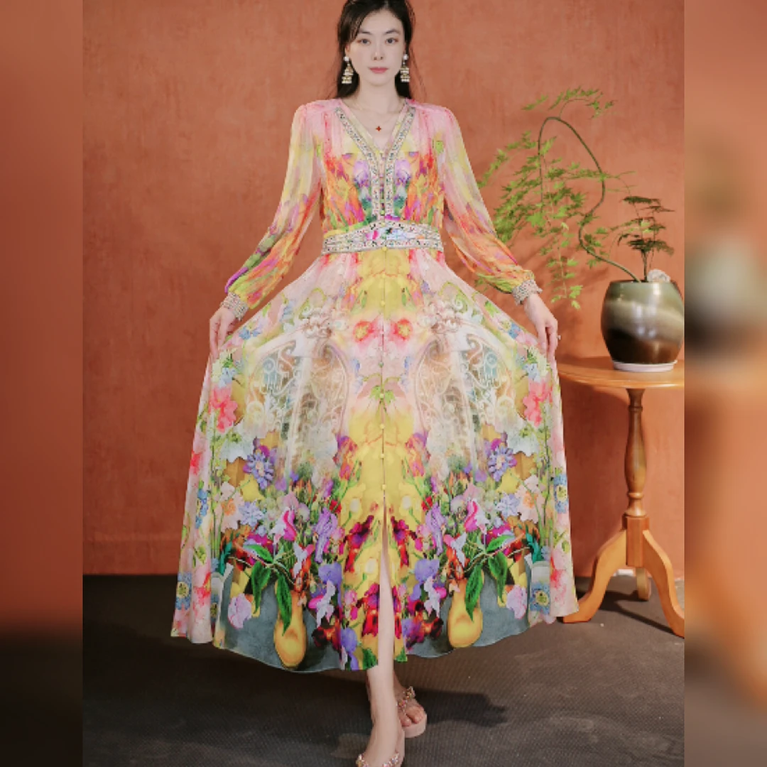 【多米拉】00525-2桑蚕丝宽松连衣裙大码印花修身时尚高贵收