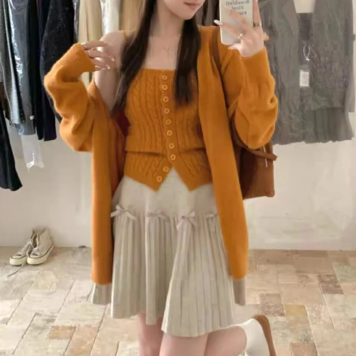 秋季韩系慵懒风麻花针织两件套装背心+v领宽松简约纯色开衫外套女