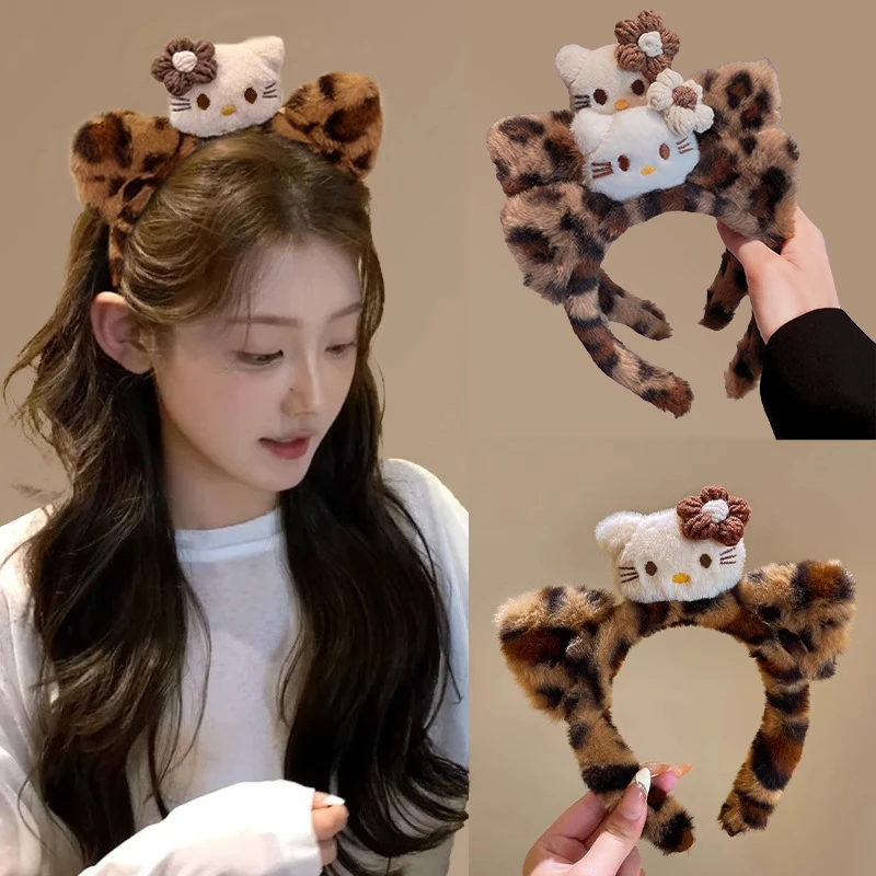 可爱豹纹kt猫发箍女2024新款敷面膜洗脸压发发卡秋冬毛绒头箍头饰