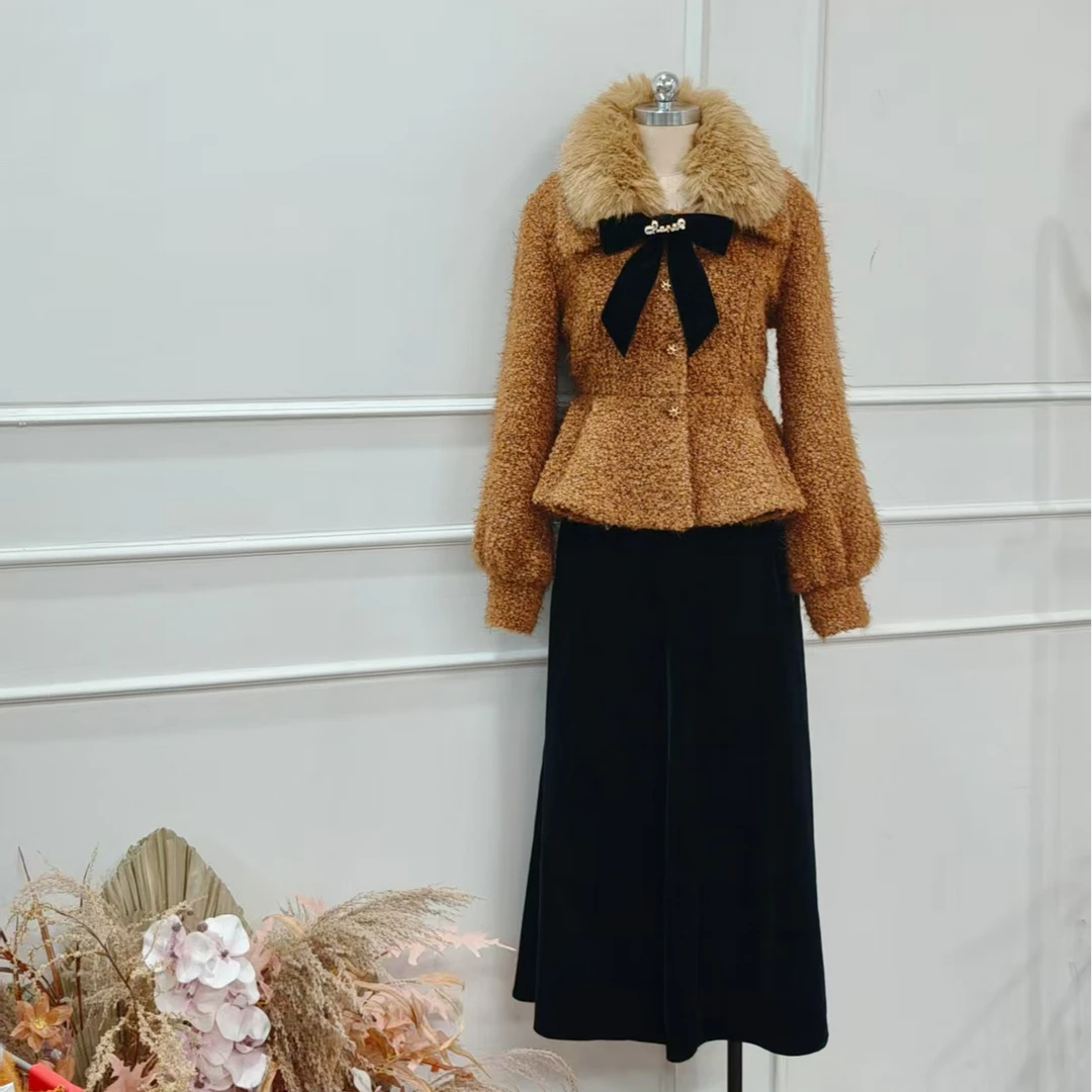 拉夏贝尔2025年冬季新款时尚简约保暖夹棉上衣+半裙 12794 JCK