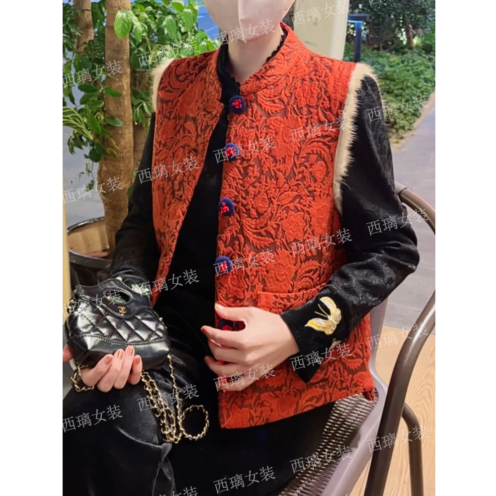 水貂毛【万事如意】夹棉秋冬季马甲加棉加厚新中式女士中国风马夹