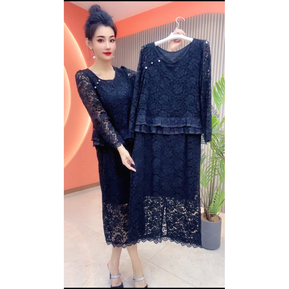 8885高端优雅荷叶设计假两件蕾丝长款连衣裙
