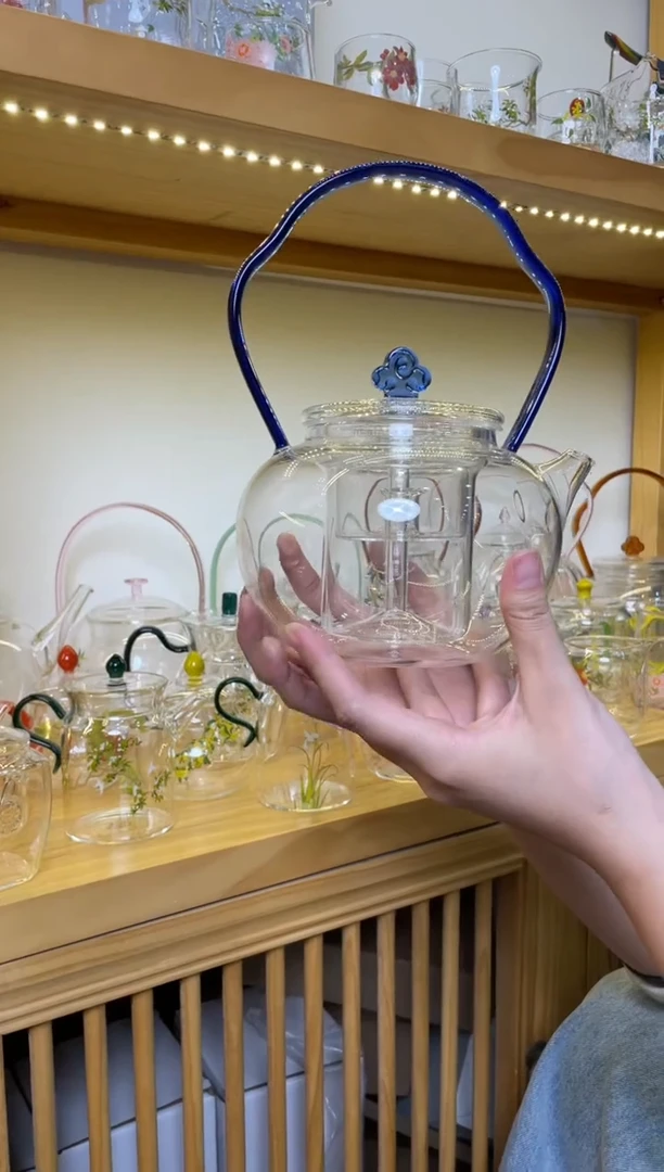 手工艺品玻璃九河金狮通运壶蓝把蒸煮素面