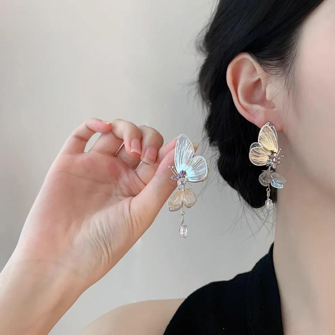 铜合金耳饰 紫色长款立体镂空蝴蝶蚊香盘无耳洞耳夹时尚气质耳饰