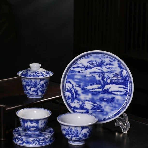 景德镇青花釉下雪景茶具五件套高档经典家用送礼