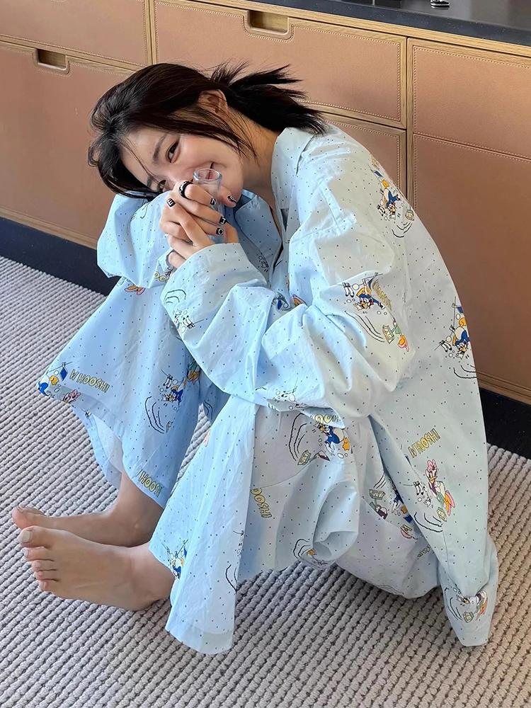 ins可爱卡通趣味小鸭睡衣女春秋新款少女学生宽松慵懒风家居服