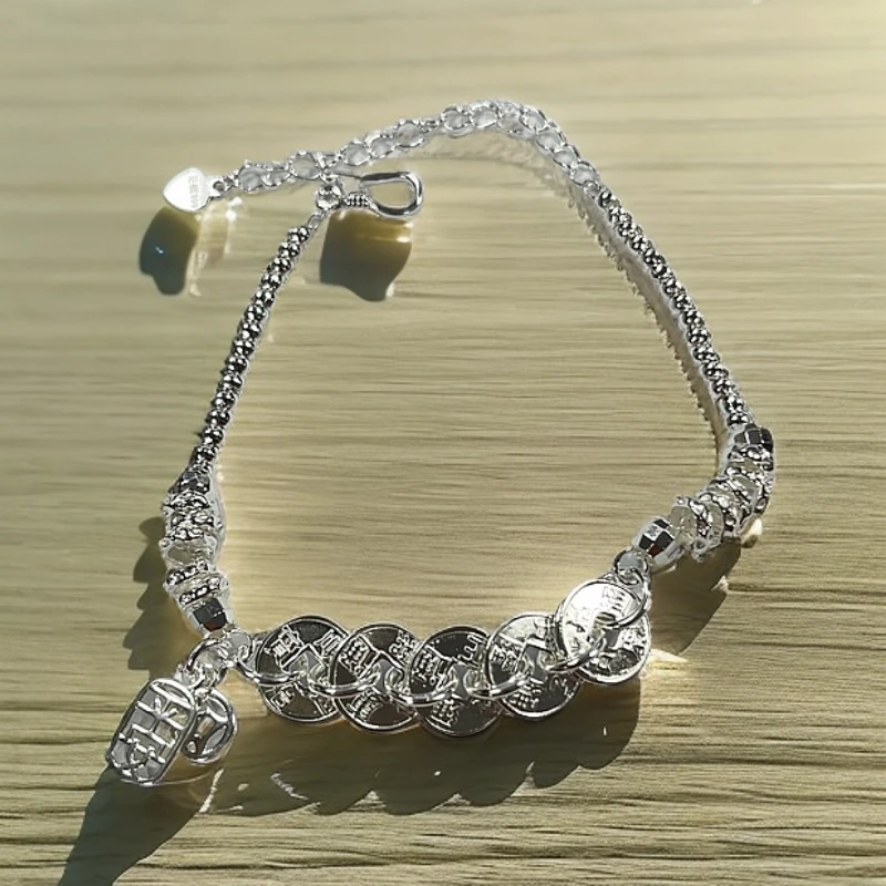 足银手链 民族风优雅金钱平安五帝币手链