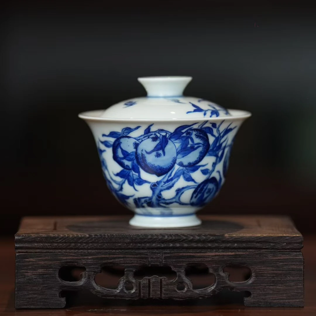 占春生窑丨青花九桃盖碗景德镇瓷器纯手工手绘陶瓷缠枝茶杯茶具
