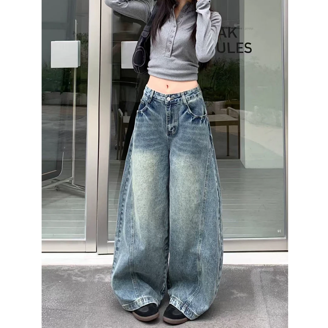 （高品质+运费险）弯刀复古蓝辣妹牛仔裤女秋季高腰宽松垂感长裤