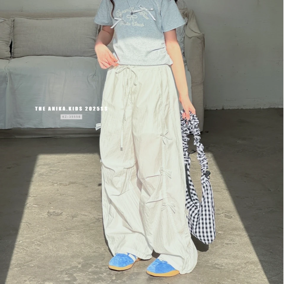 KIKIAND中大童夏季宽松休闲宽松时尚设计感阔腿蝴蝶结裤5223555