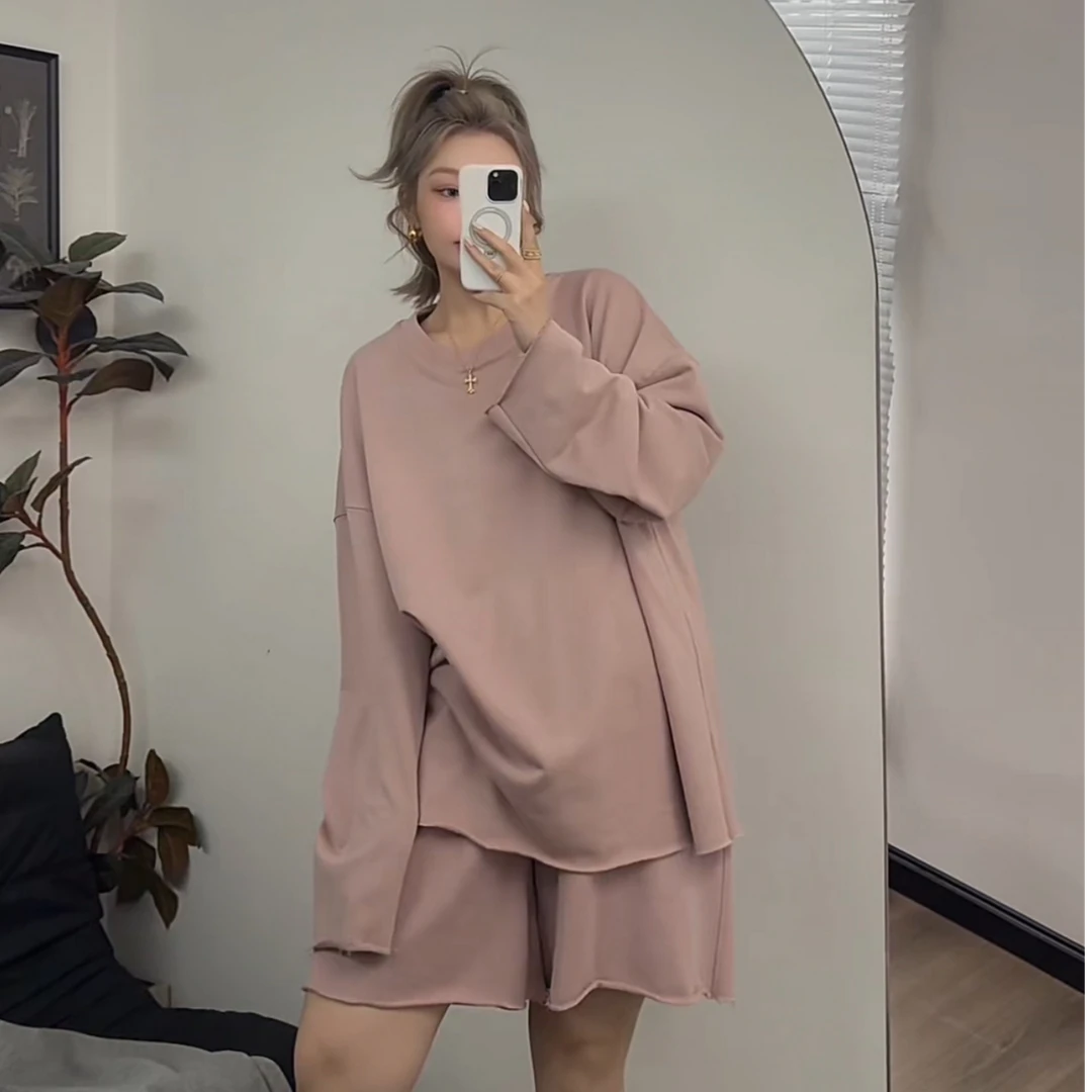 【瘦瘦】舒适好穿-圆领卫衣+毛圈中裤两件套韩系宽松套装显瘦S0885