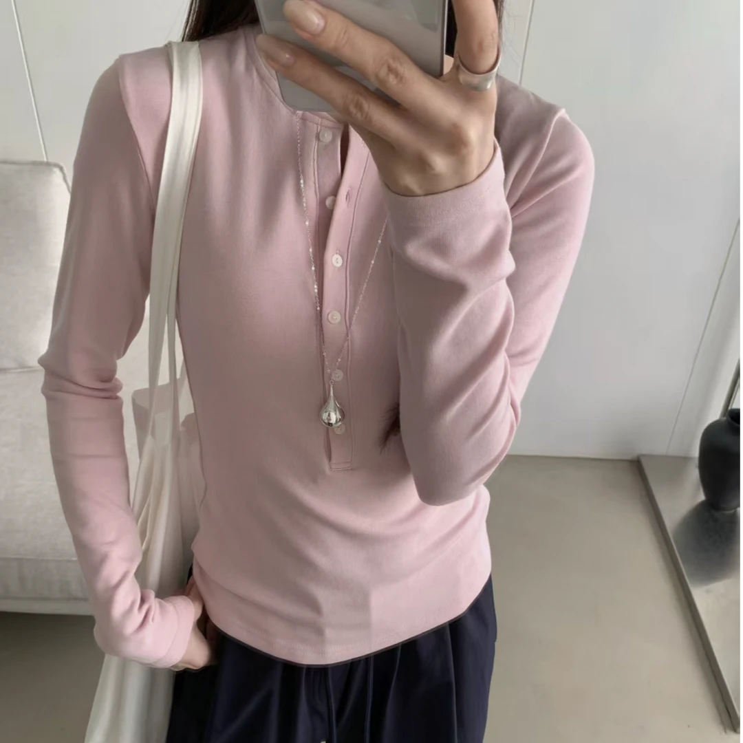 软糯长袖亨利T恤女秋冬休闲风圆领套头修身半开领仿羊绒打底衫