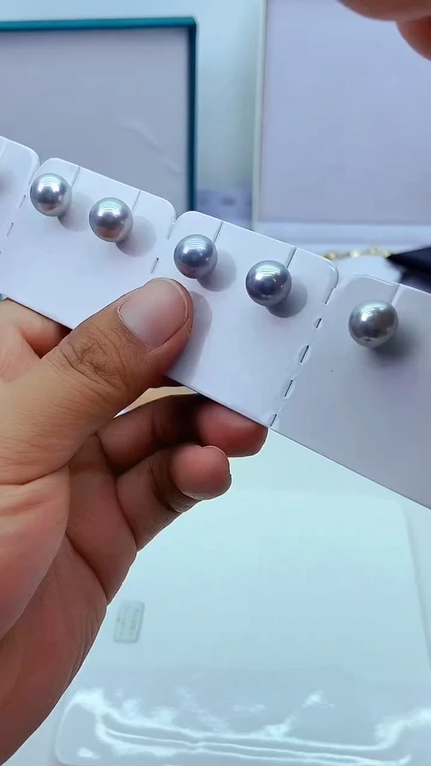 银S925镶嵌海水珍珠耳饰100/铂金灰耳钉