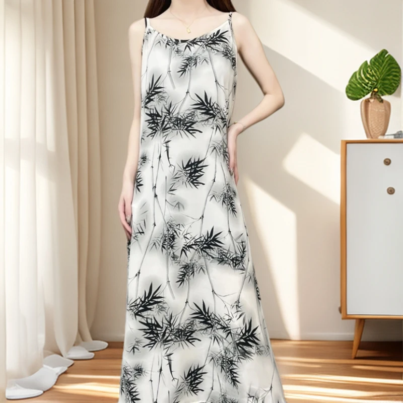 夏季印花显瘦时尚中长款过膝吊带宽松大码吊带裙