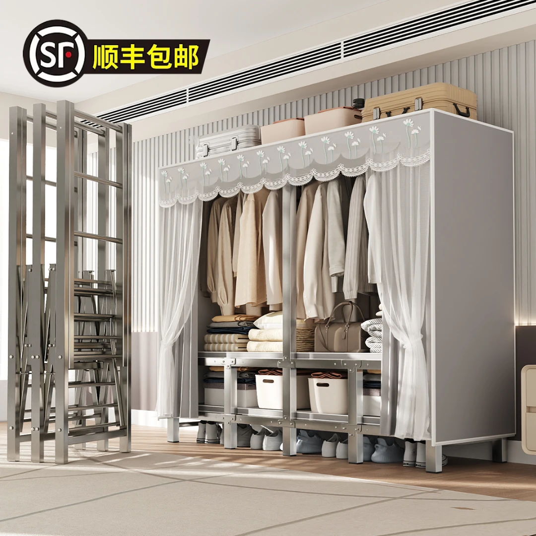 免安装简易衣柜家用卧室布衣柜出租房用折叠全钢架结实耐用衣厨