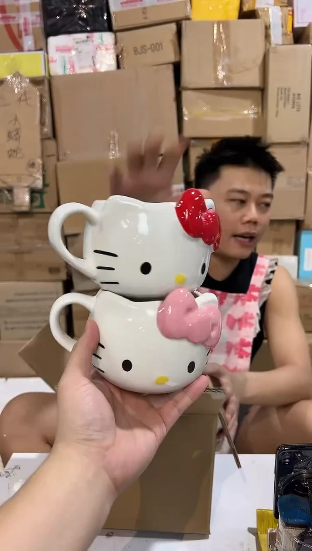 瓷片大号kt猫粉色加红色头杯2件套