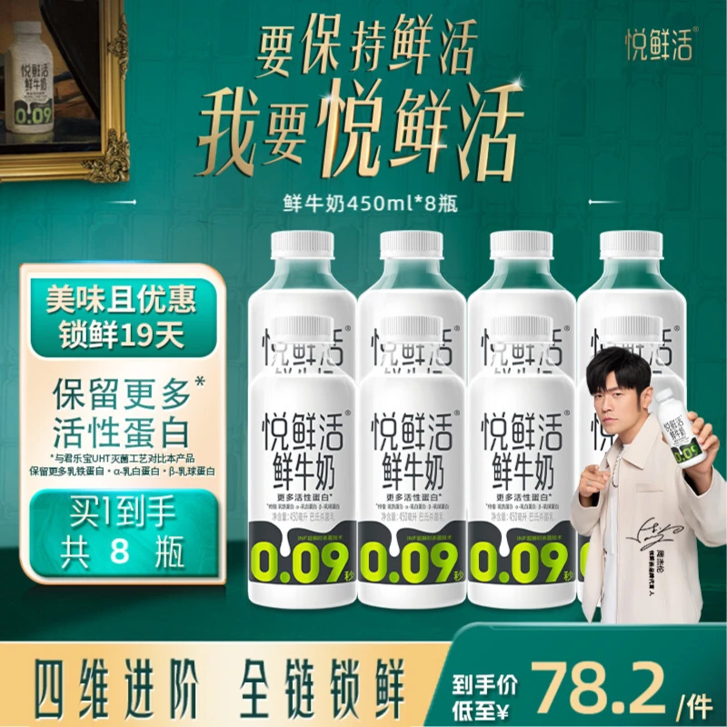 【达人推荐.每日60单现发】君乐宝悦鲜活鲜牛奶450ml*8瓶装生牛乳