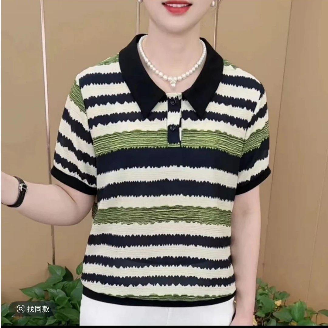 【丽姐家】夏季新款妈妈装时尚洋气条纹休闲百搭显瘦上衣