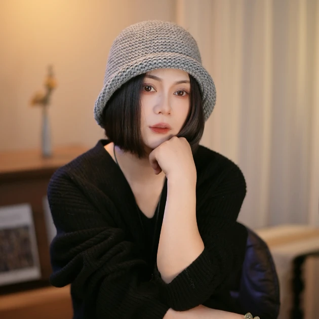 秋冬新款卷边渔夫帽女保暖针织盆帽百搭显脸小纯色简约水桶帽子