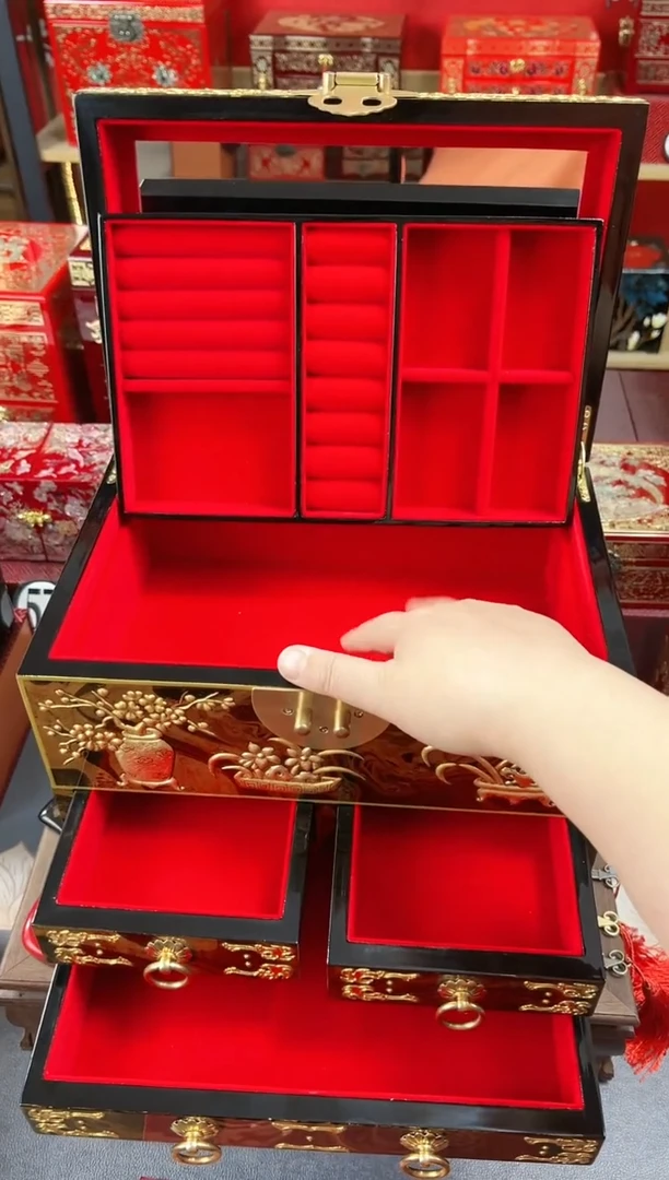 【闪购商品】30厘米四层三抽传统漂漆沥粉堆鼓铜扣平安