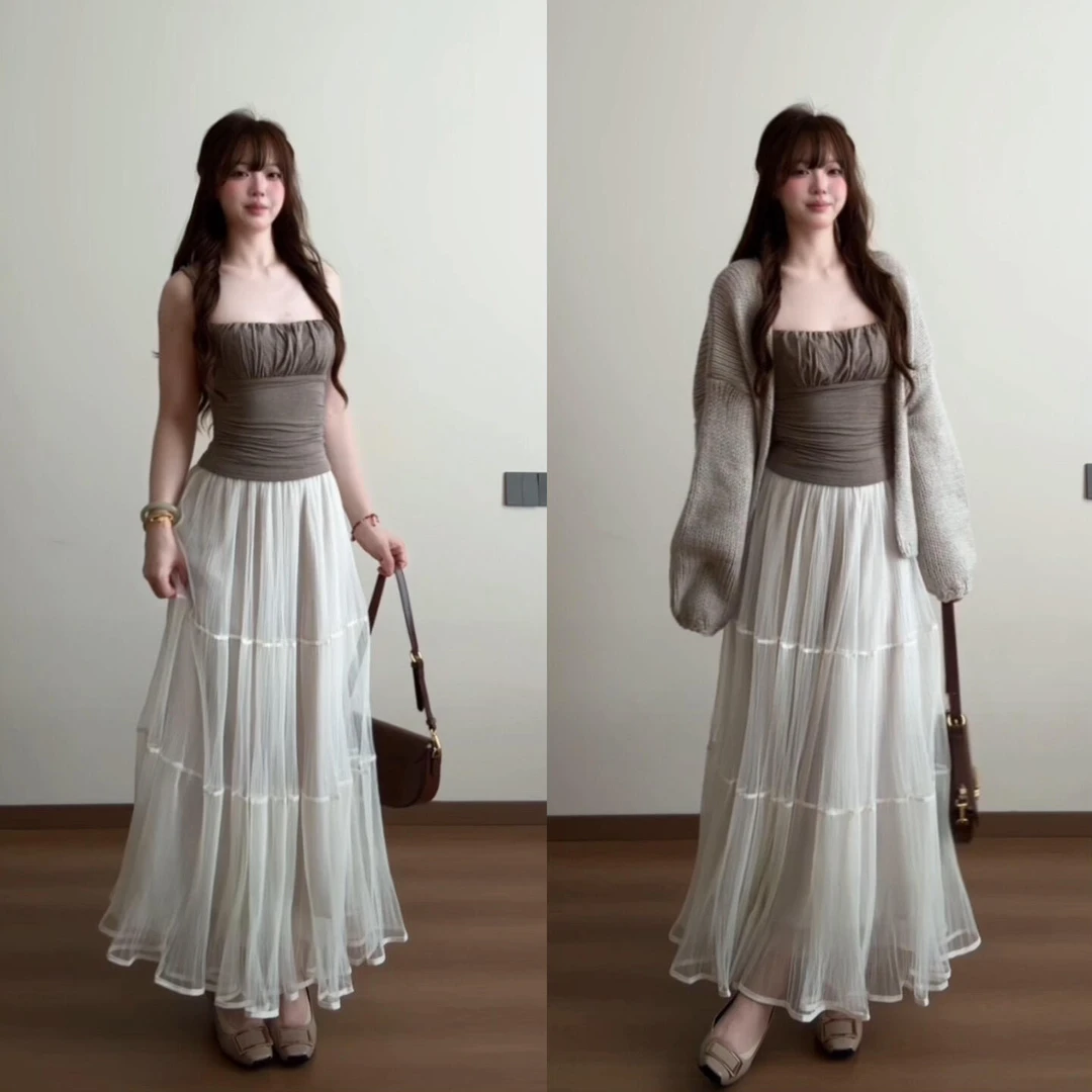 parkyeon韩系高智感森系穿搭针织开衫吊带高腰休闲网纱裙套装