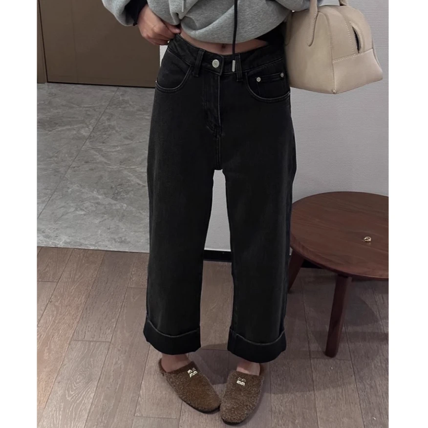 韩版黑灰色九分翻边直筒裤春季新款女梨型身材高腰显瘦阔腿牛仔裤
