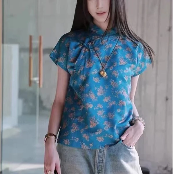 2025夏季新款碎花复古蓝色新中式衬衫深圳南油高端女装直播