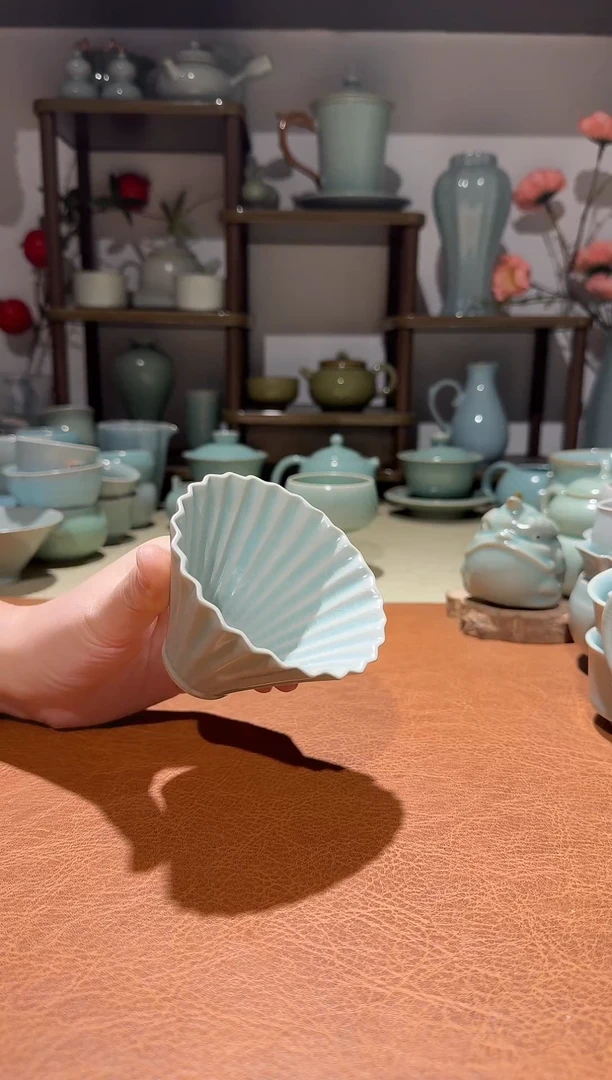 杯子瓷030薄胎折扇盏 主人杯品茗杯甜品杯 仿古釉微瑕