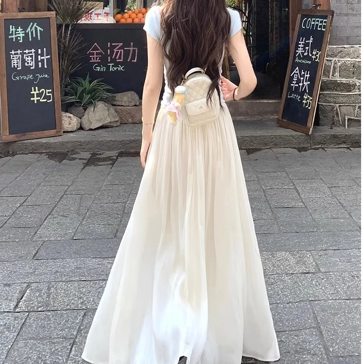 杏色超仙流光纱高腰a字半身裙女夏季松紧腰宽松百搭显瘦长款裙子