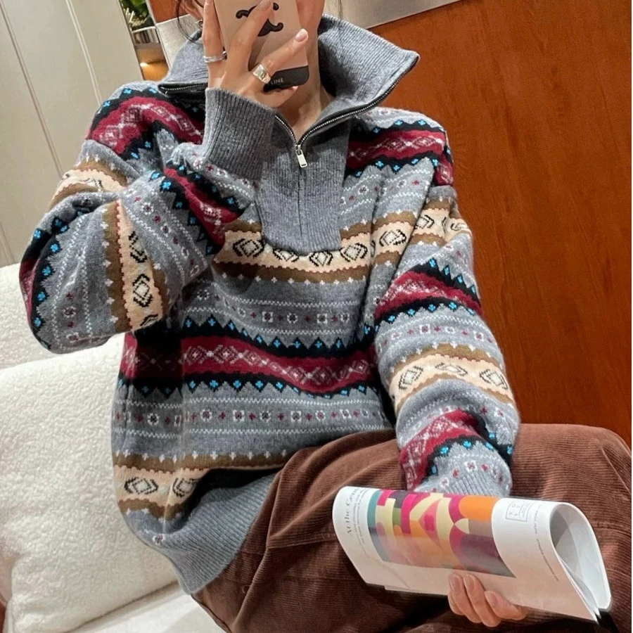 复古撞色费尔岛【黛汐DXD正品】100%羊毛设计感圆领套头毛衣