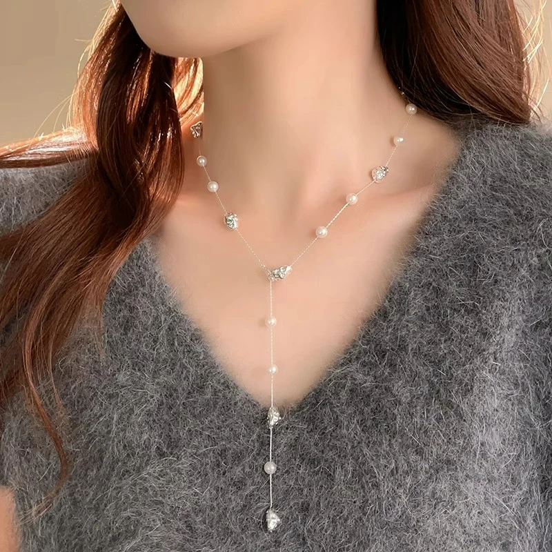 铜合金项链 一款多戴满天星珍珠项链锁骨链高级感长款秋冬毛衣链