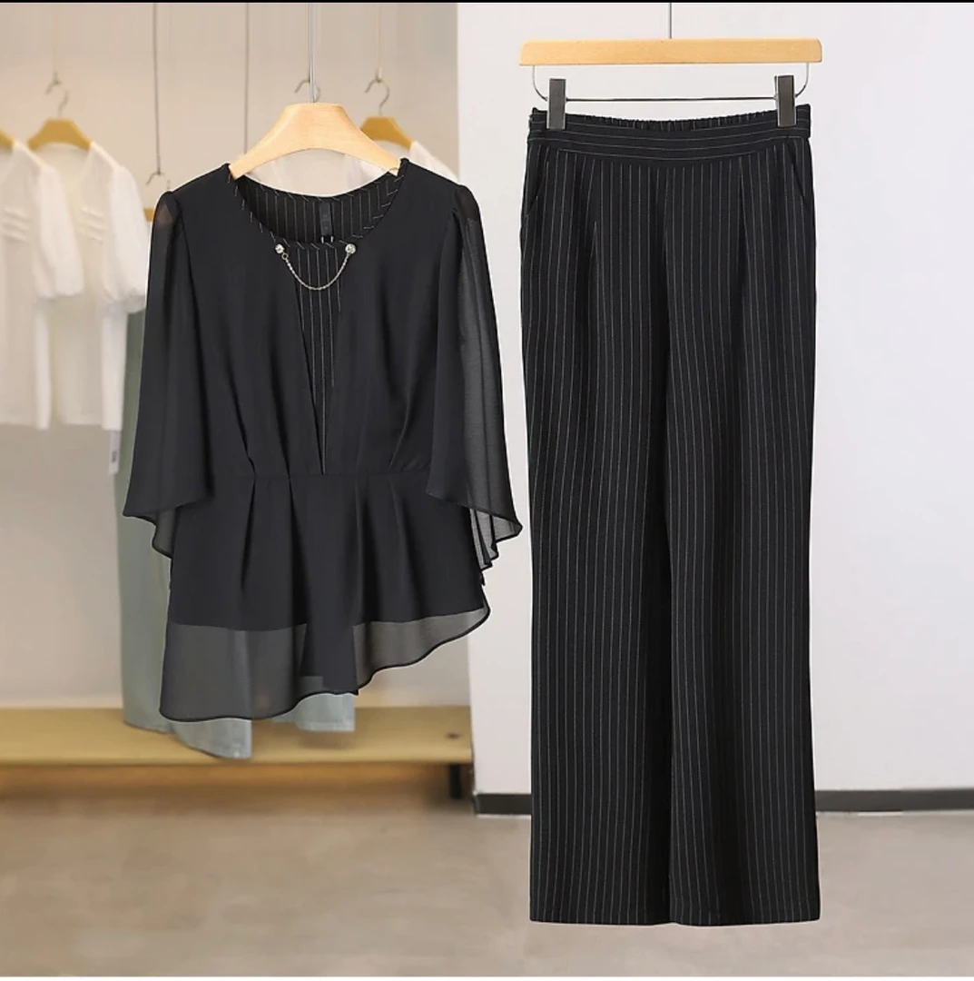 T140夏季时尚气质修身显瘦条纹两件套套裤DM3