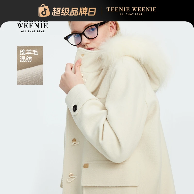 *TeenieWeenie小熊女毛呢外套25学院风连帽牛角扣大衣TTJW258T02W