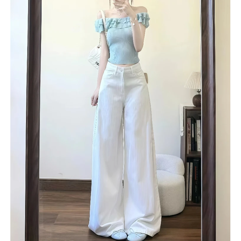 巨好看的夏一整套松弛韩系洋气减龄荷叶边一字肩上衣牛仔裤两件套