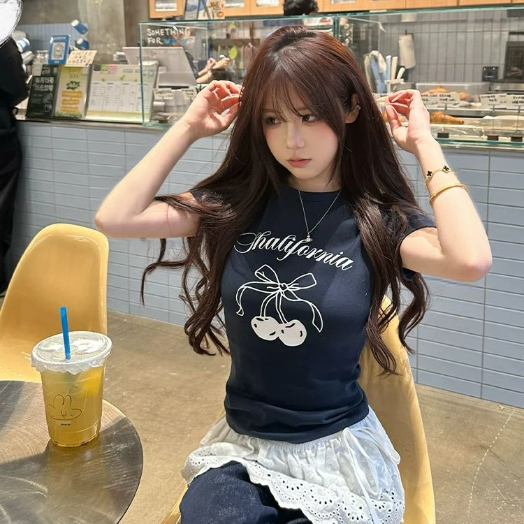少女樱桃短袖甜心短款夏季修身黑白百搭纯棉正肩印花T恤上衣女