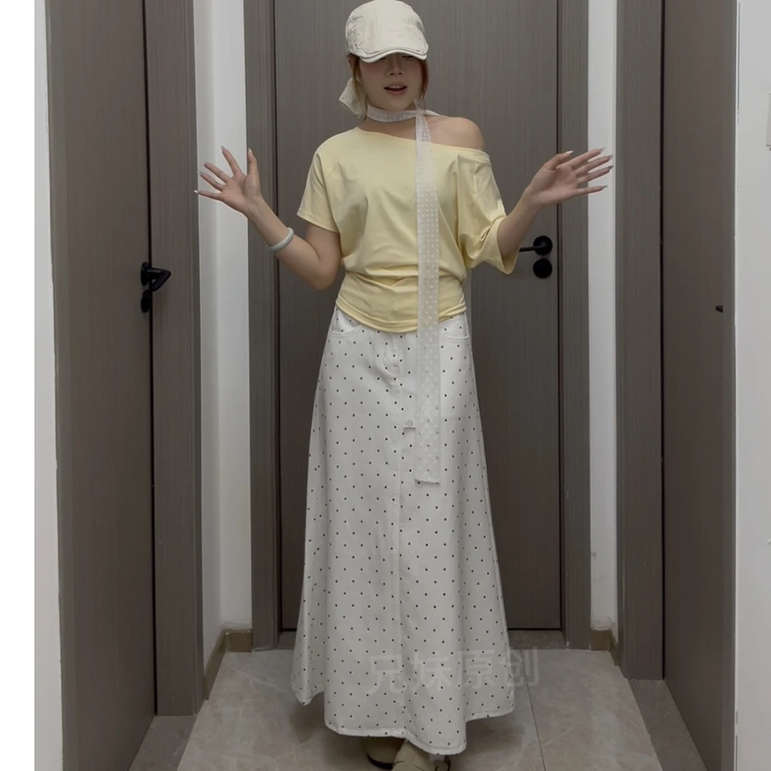 白色波点半身裙A版长裙显瘦显高个性伞裙洋气梨形春夏裙子百搭