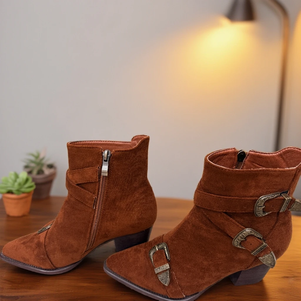 磨砂一脚蹬中跟尖头粗跟冬季短靴加绒时装靴靴子秋冬