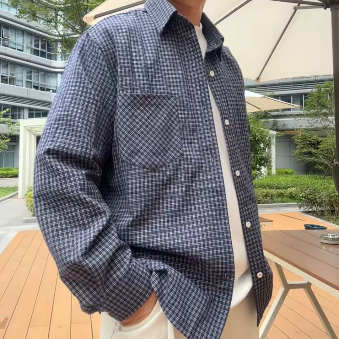 男日系复古秋季格子衬衫潮流港风衬衣宽松