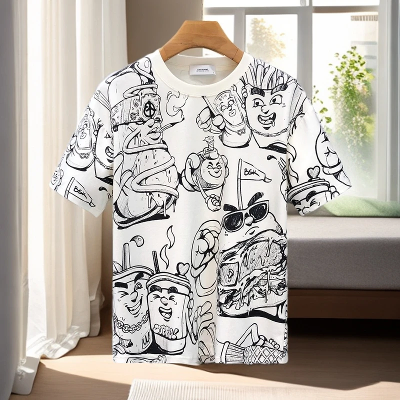 轻奢痞帅潮牌炸街男装男生衣服短袖t恤涂鸦高级感爆款2025新款