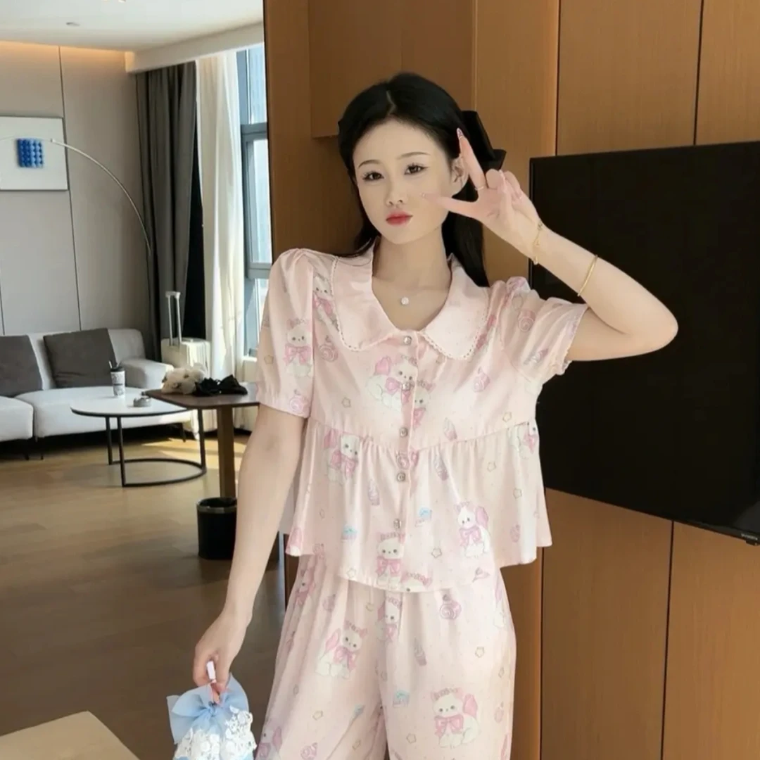 （娴绵）夏季可爱甜美套装睡衣女家居服可外穿带胸垫显瘦透气亲肤