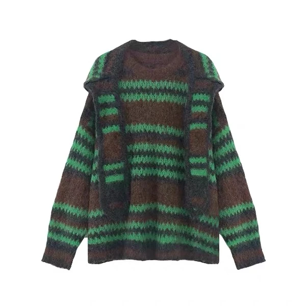 2025秋冬网红优质毛衣女高品质针织绿色复古连帽宽松条纹加厚2596