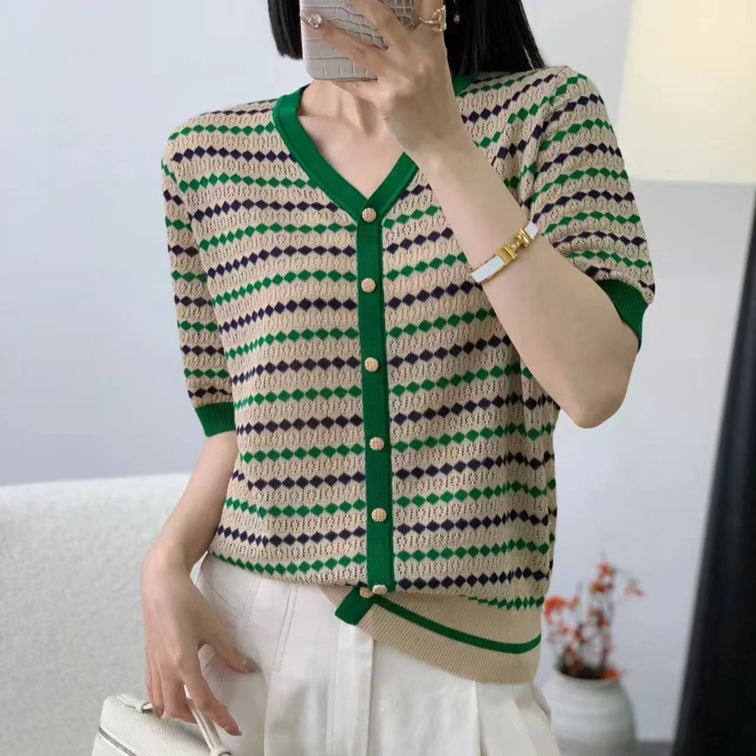 100%莱赛尔天丝气质时尚优雅显瘦百搭夏季新款针织假开衫短袖条纹