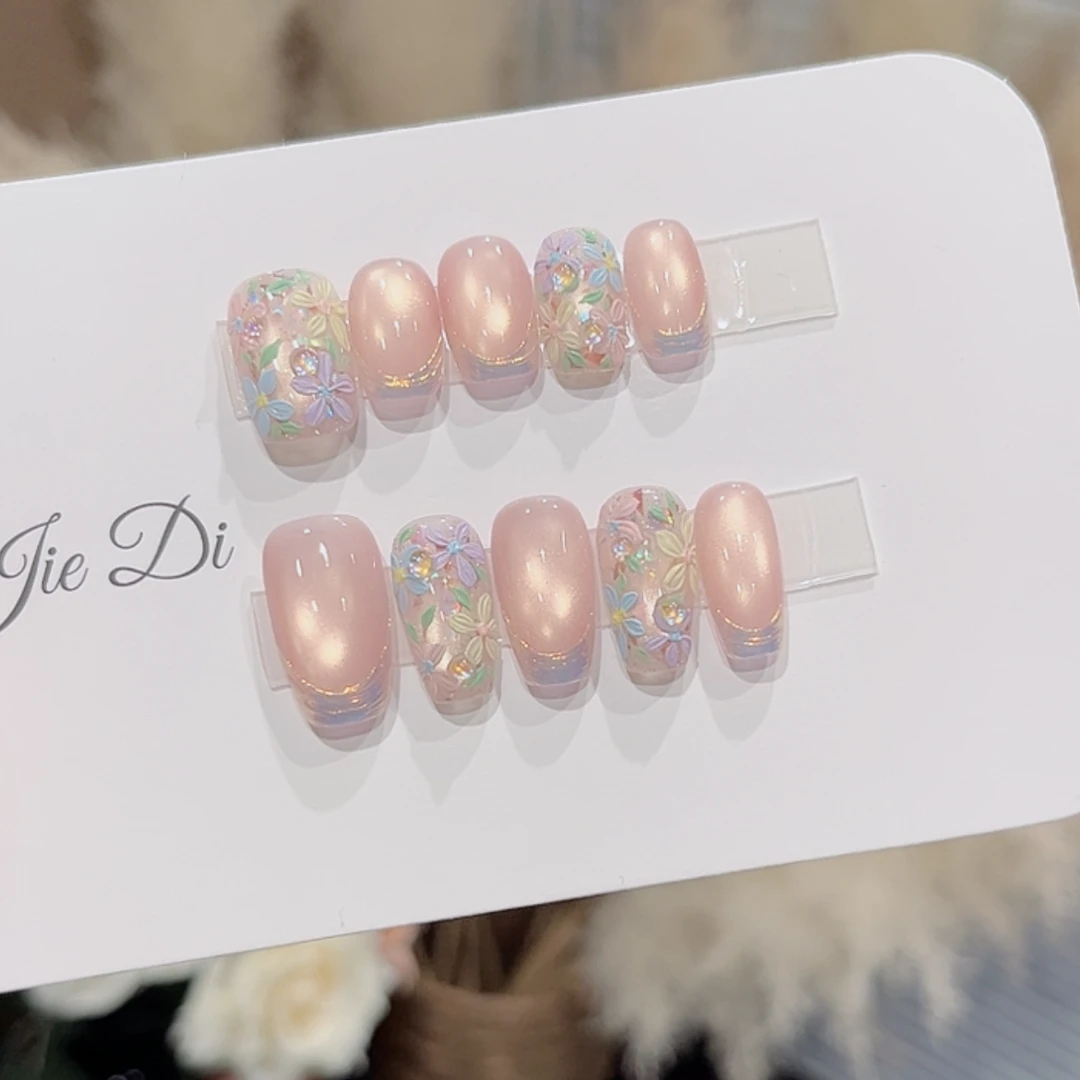 【莫奈花园】姐弟纯手工穿戴美甲精致油画手绘花猫眼法式边BB478