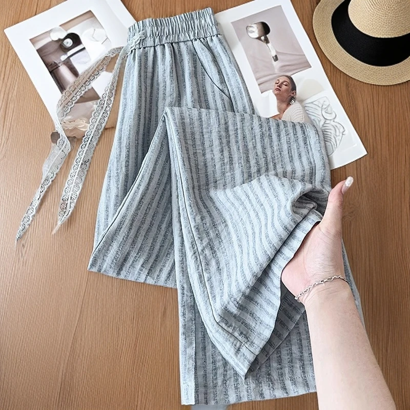 冰丝防晒条纹亚麻直筒裤女2025夏日新款休闲裤天丝棉麻阔腿裤子