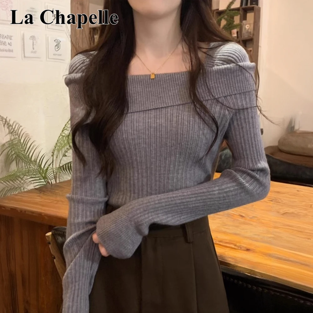 拉夏贝尔法式一字肩针织打底衫女秋冬新款不规则正肩显瘦长袖上衣