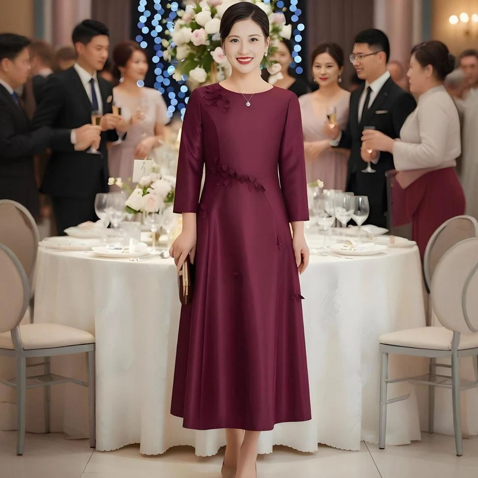 喜妈妈秋冬款礼服显瘦妈妈A字裙高贵气质礼服宴会酒红色婚礼服裙