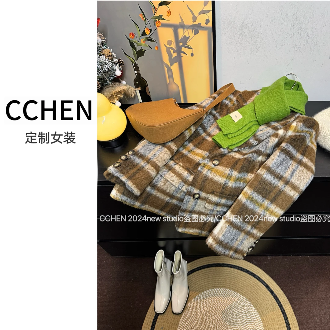 高级感格子羊毛外套女秋冬小个子加厚